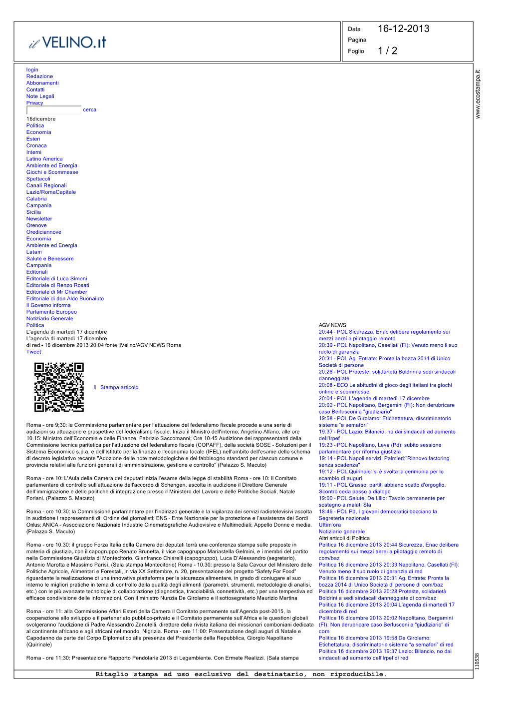 Ritaglio Stampa Ad Uso Esclusivo Del Destinatario, Non Riproducibile. Data 16-12-2013 Pagina Foglio 2 / 2