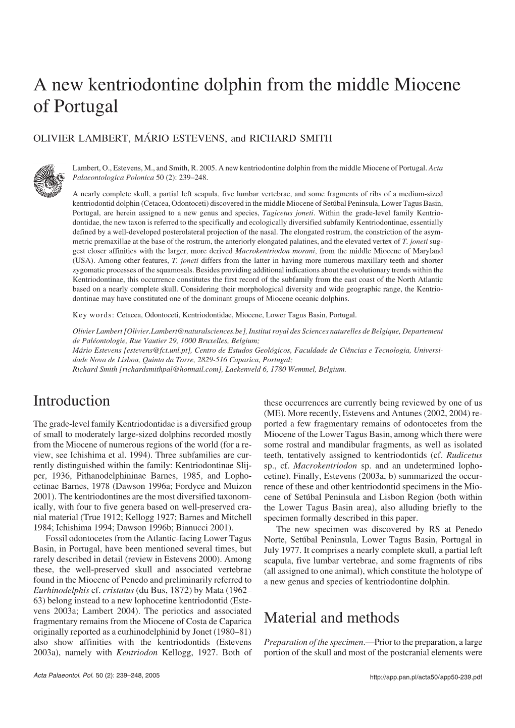 A New Kentriodontine Dolphin from the Middle Miocene of Portugal