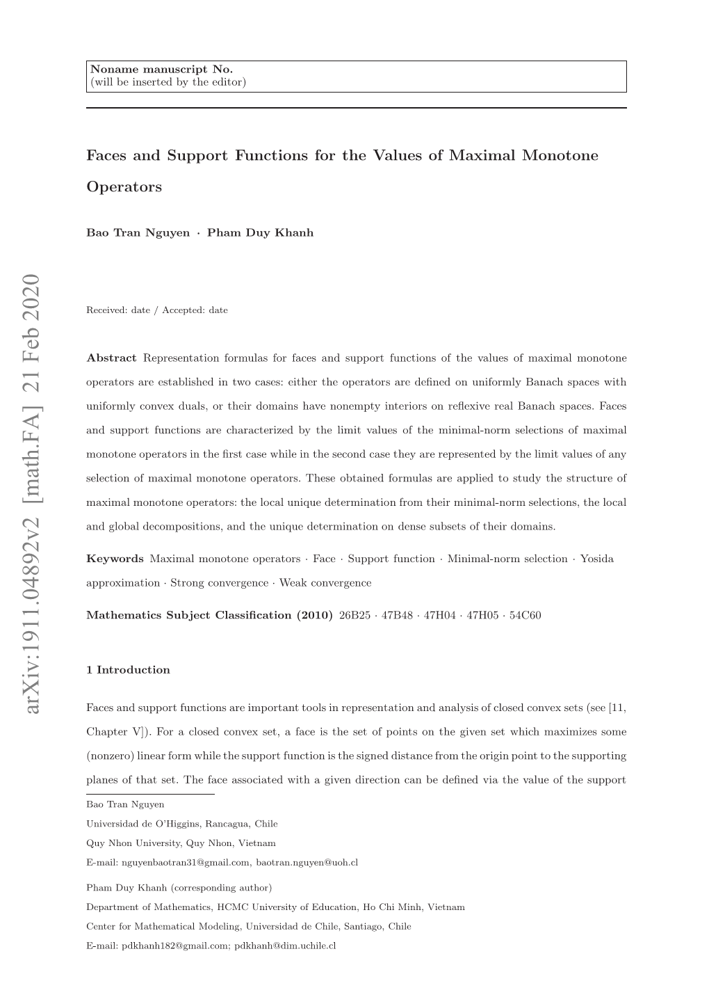 Arxiv:1911.04892V2 [Math.FA] 21 Feb 2020 Lnso Htst H Aeascae Ihagvndirectio Given a with Associated Face the Set