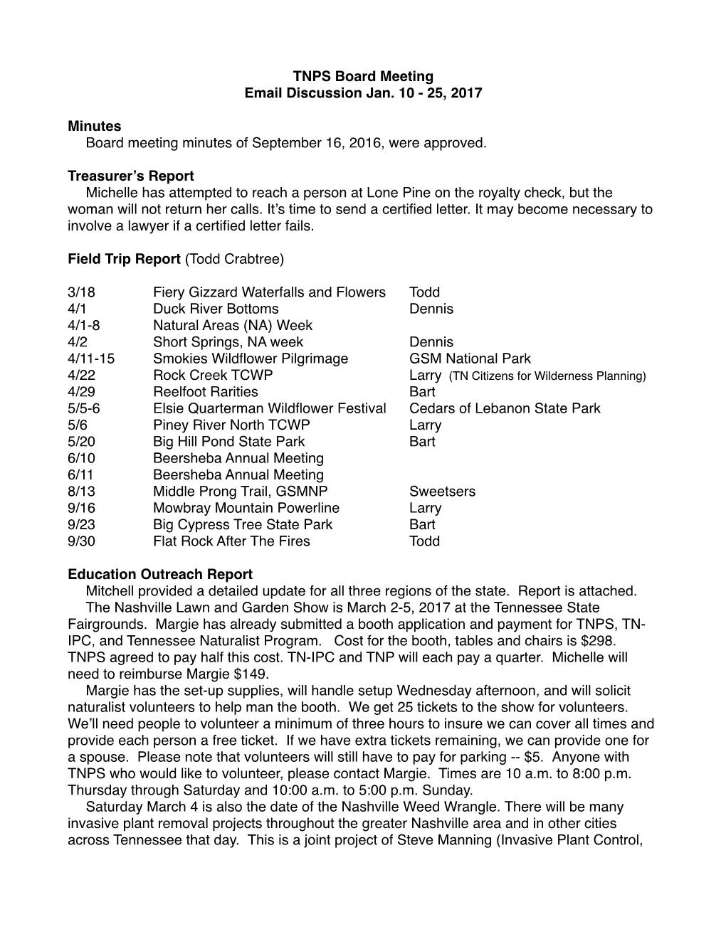 TNPS Board Meeting 1-7-17