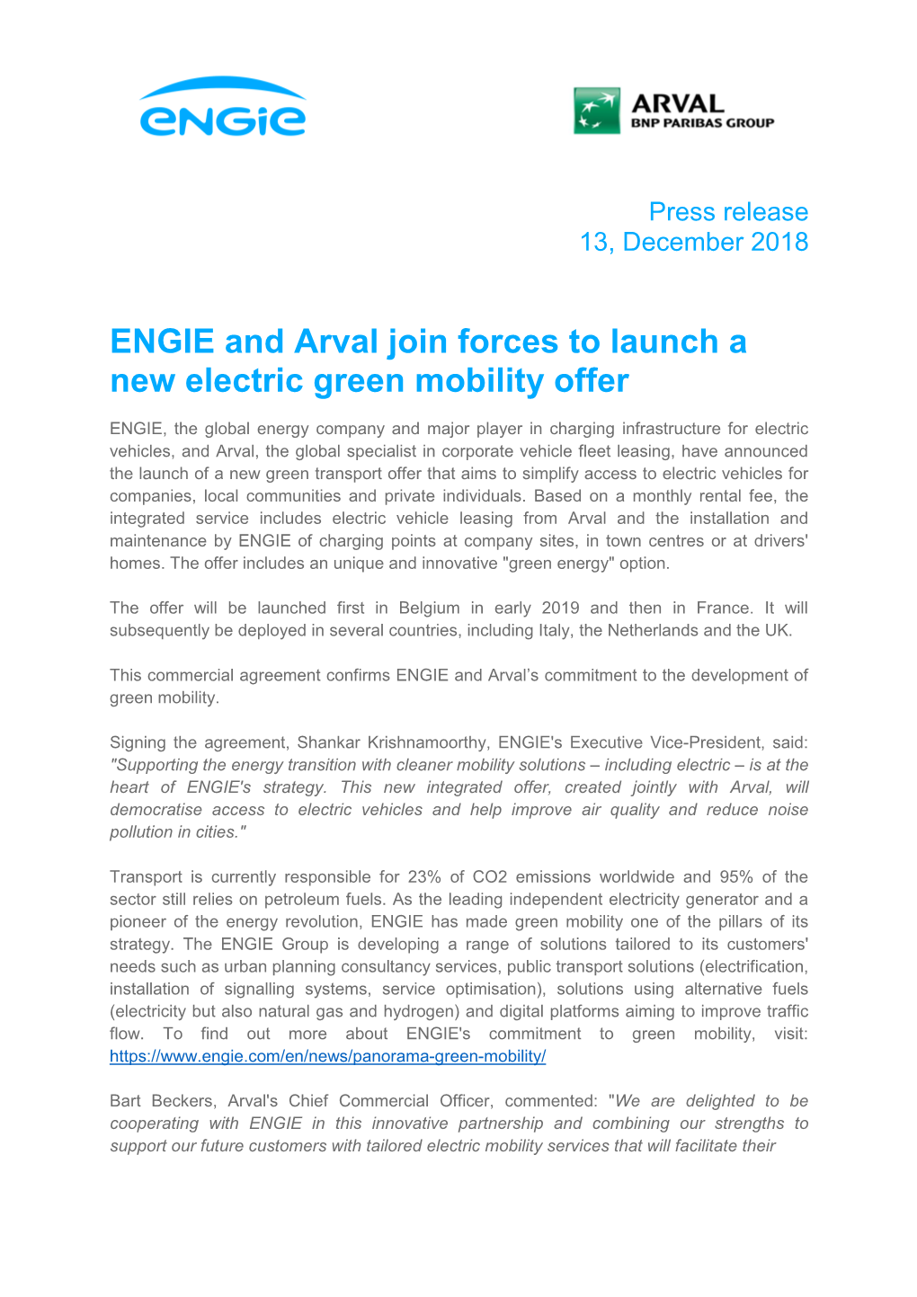 ENGIE and Arval Join Forces to Launch a New Electric Green Mobility Offer