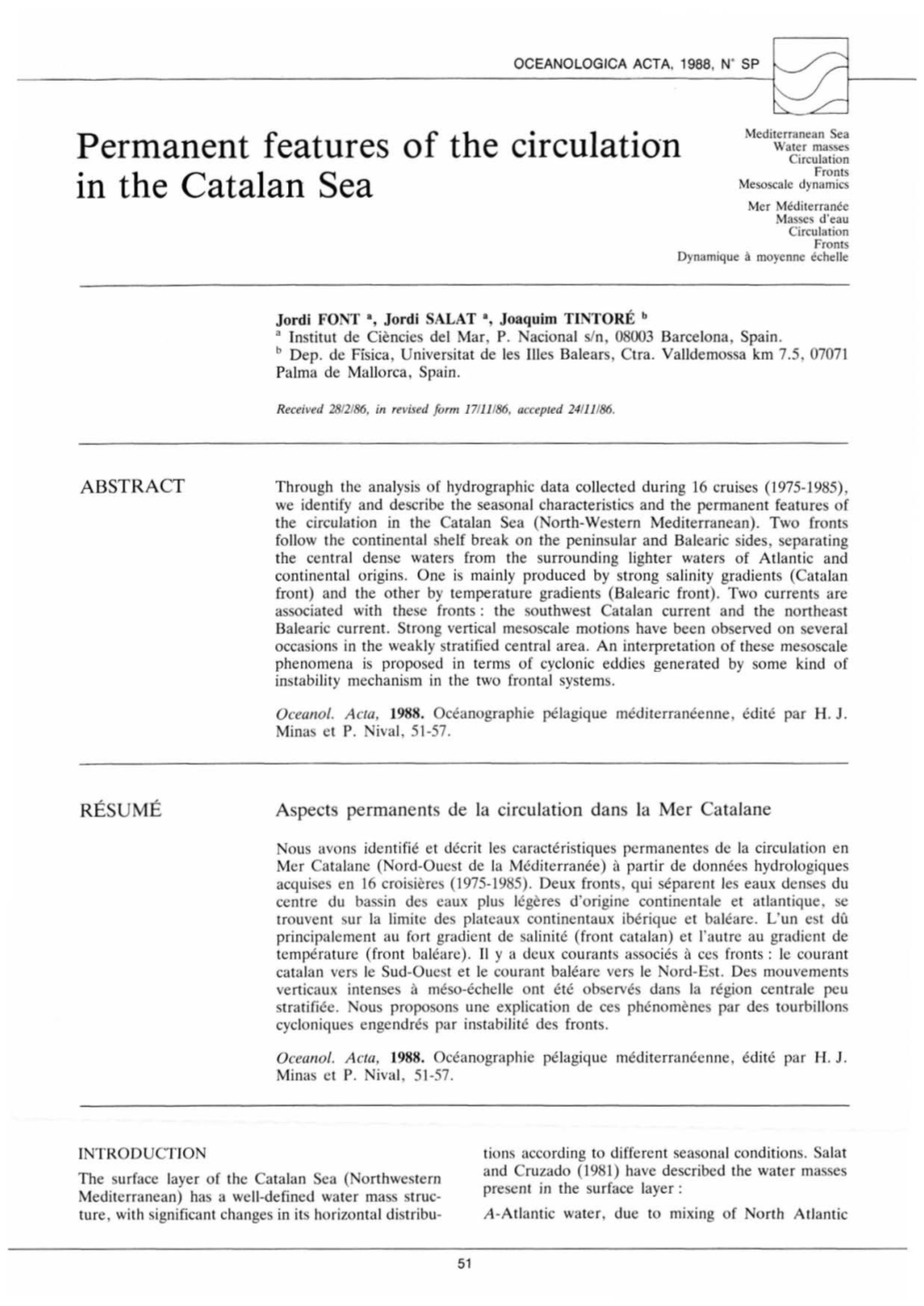 Permanent Features of the Circulation in the Catalan Sea