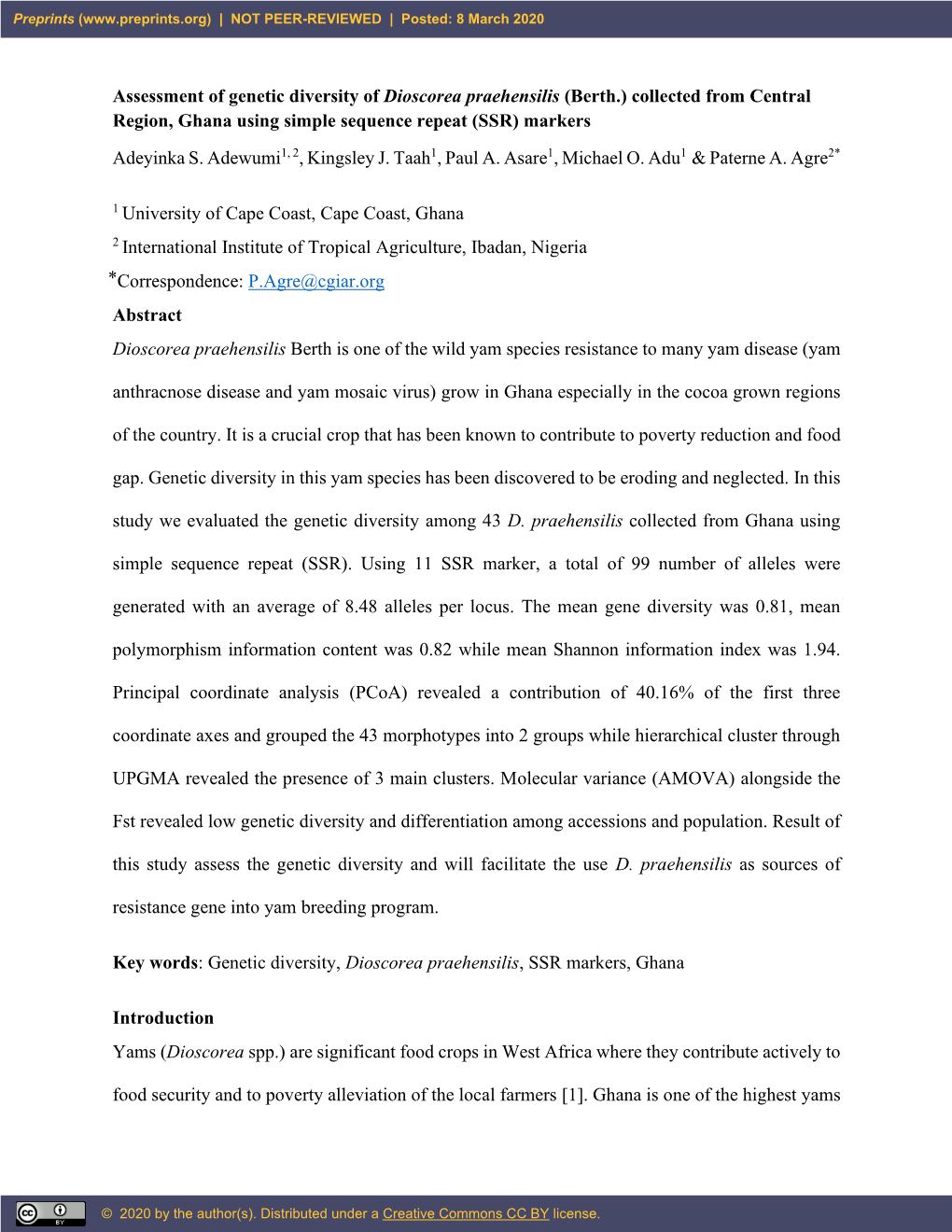 Assessment of Genetic Diversity of Dioscorea Praehensilis (Berth.) Collected from Central Region, Ghana Using Simple Sequence Repeat (SSR) Markers Adeyinka S