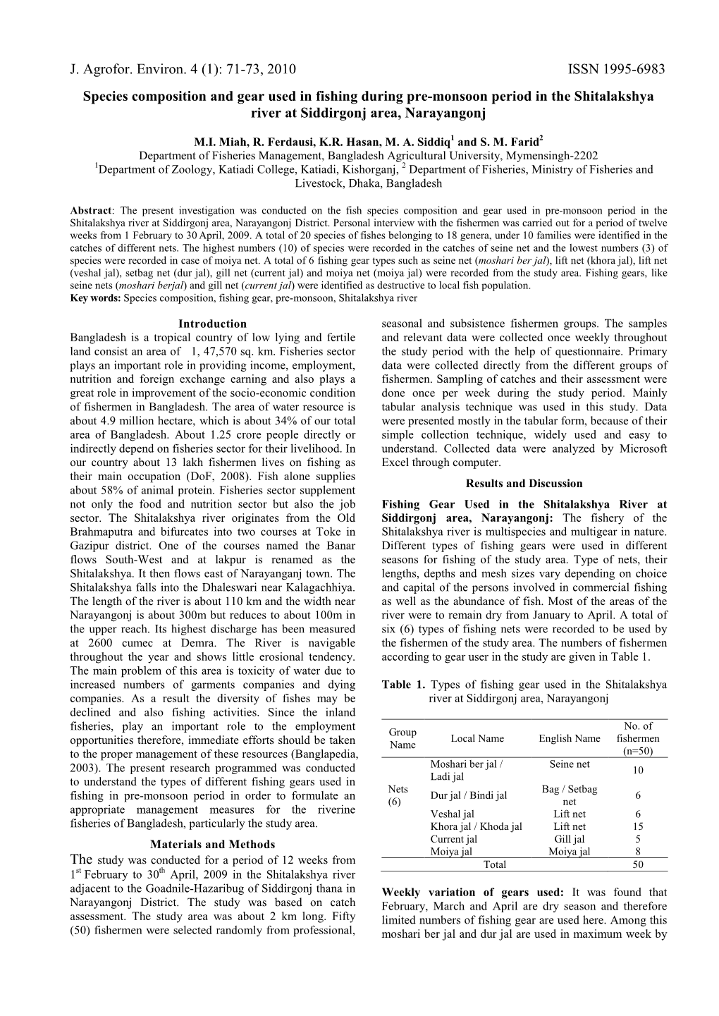 Species Composition and Gear Used in Fishing During Pre-Monsoon Period in the Shitalakshya River at Siddirgonj Area, Narayangonj