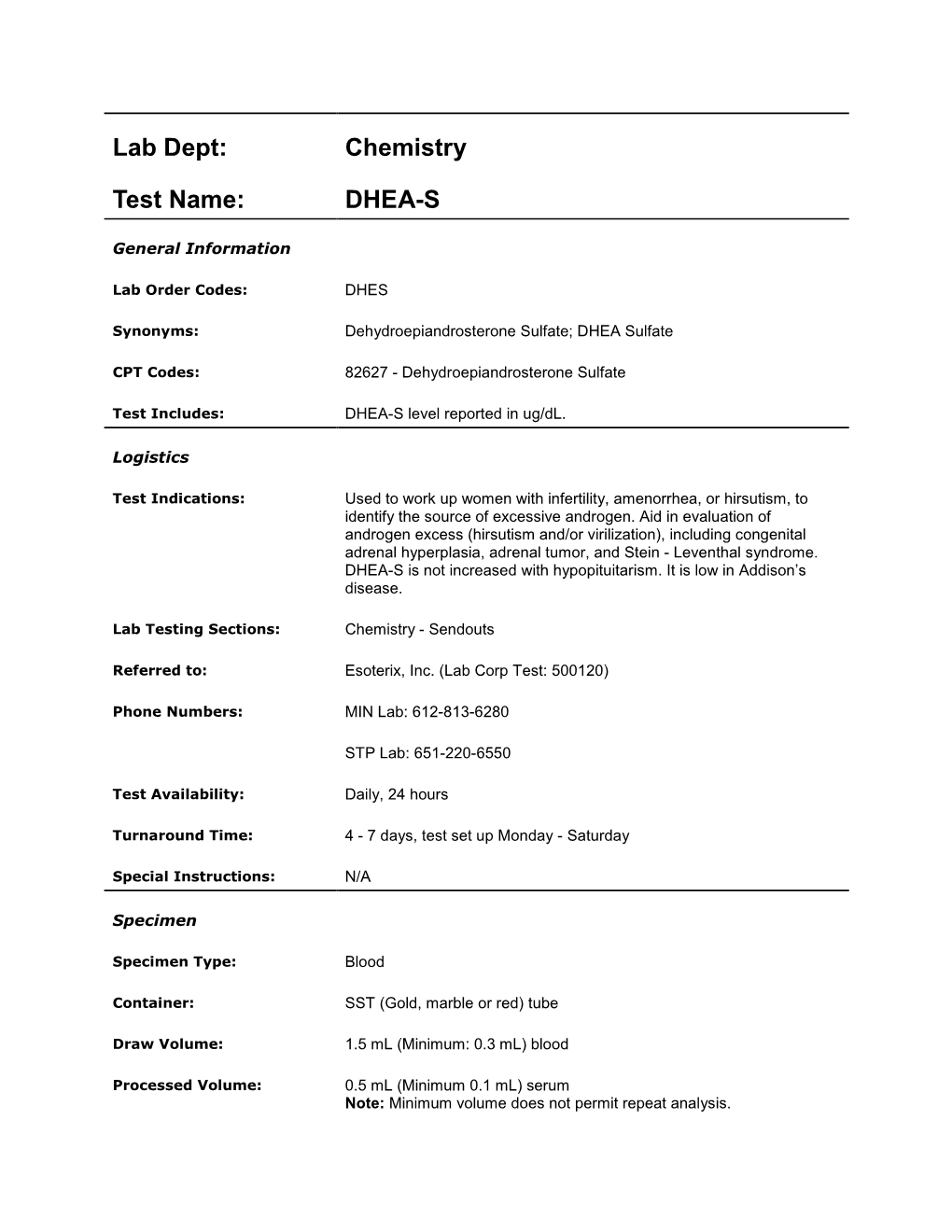 Lab Dept: Chemistry Test Name: DHEA-S