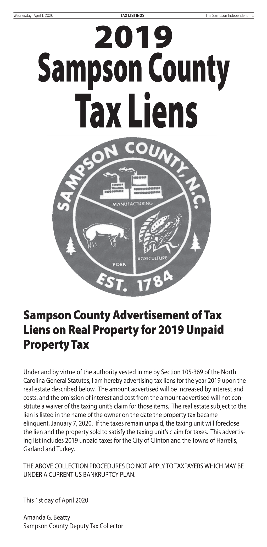 Sampson County Advertisement of Tax Liens on Real Property for 2019 Unpaid Property Tax