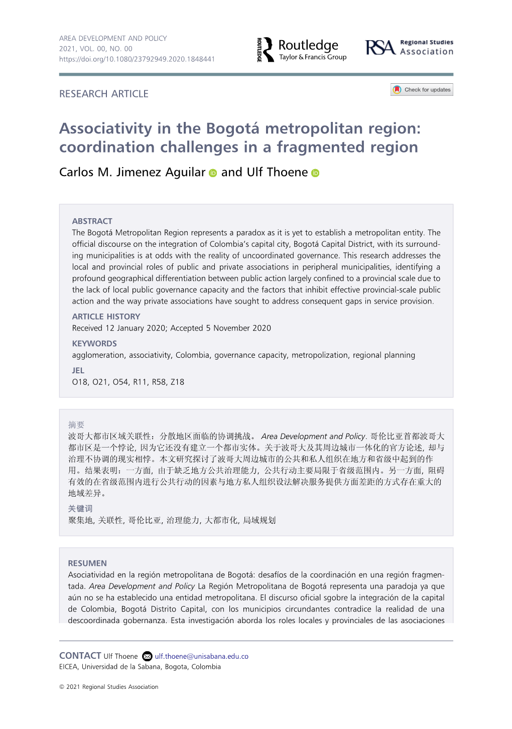 Associativity in the Bogotá Metropolitan Region: Coordination Challenges in a Fragmented Region Carlos M