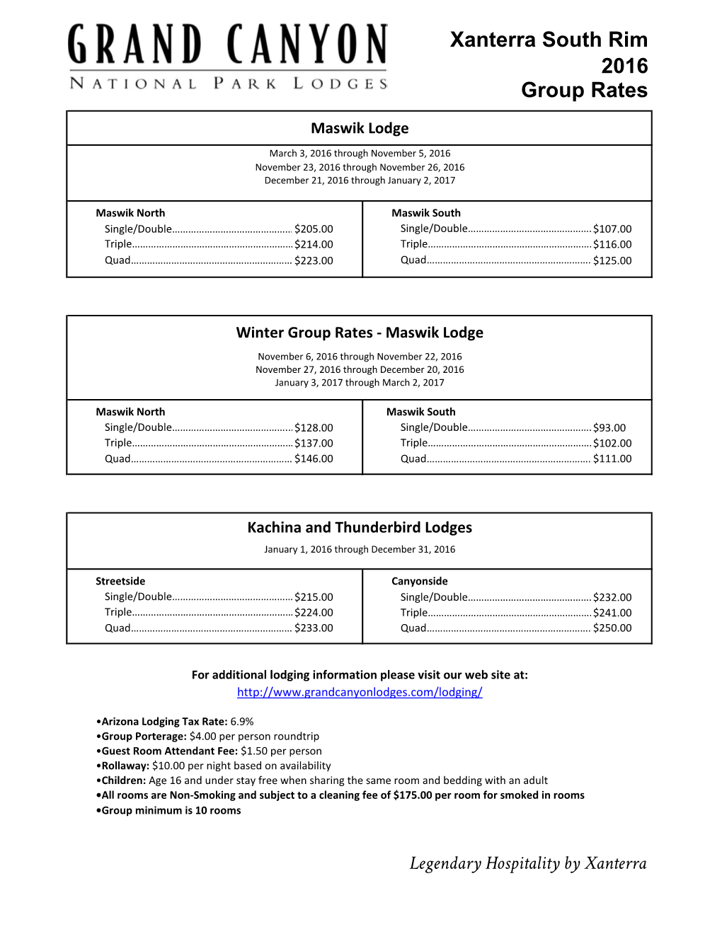 Group Rates 2016 Xanterra South