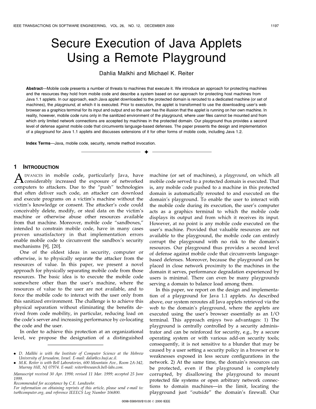 Secure Execution of Java Applets Using a Remote Playground