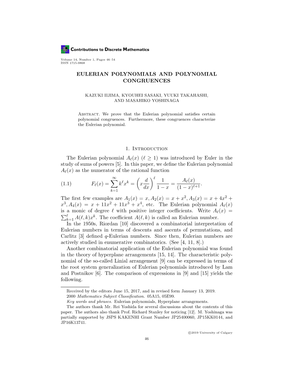 Eulerian Polynomials and Polynomial Congruences 1