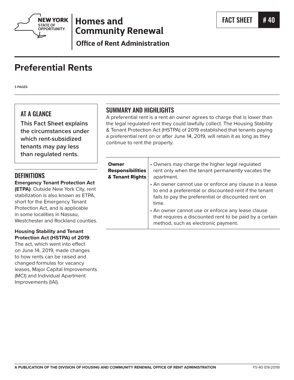 HCR Fact Sheet #40: Preferential Rents