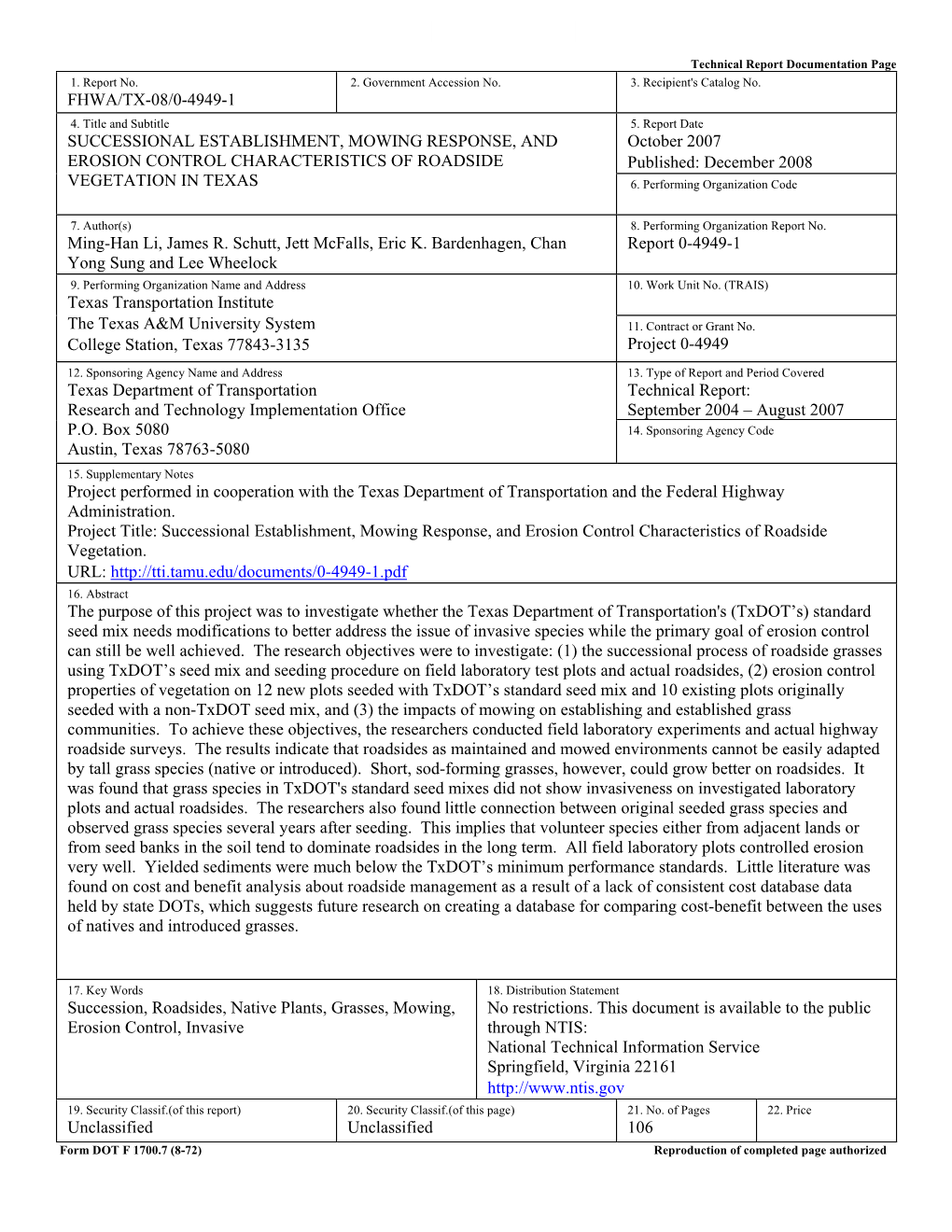 Successional Establishment, Mowing Response, and Erosion Control Characteristics of Roadside Vegetation