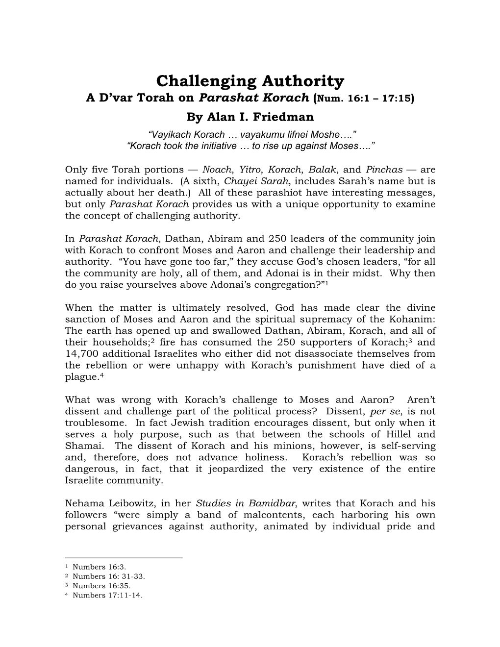 Challenging Authority a D’Var Torah on Parashat Korach (Num