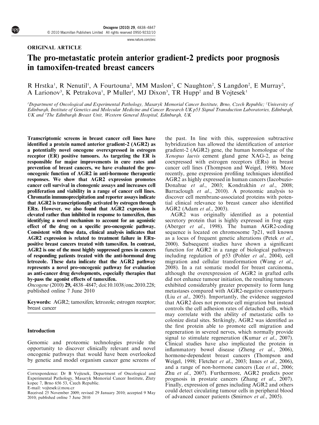 The Pro-Metastatic Protein Anterior Gradient-2 Predicts Poor Prognosis in Tamoxifen-Treated Breast Cancers
