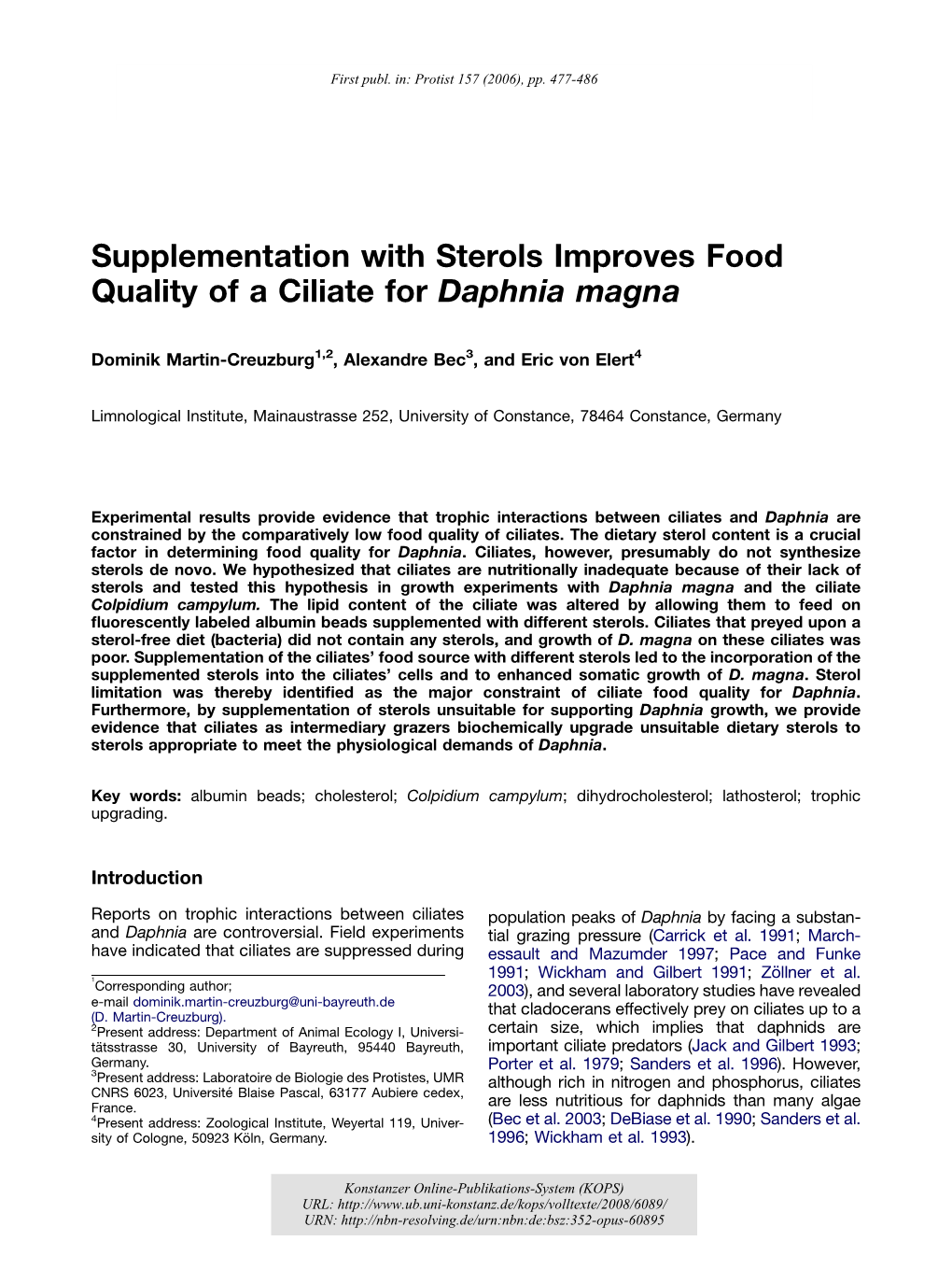 Supplementation with Sterols Improves Food Quality of a Ciliate for Daphnia Magna