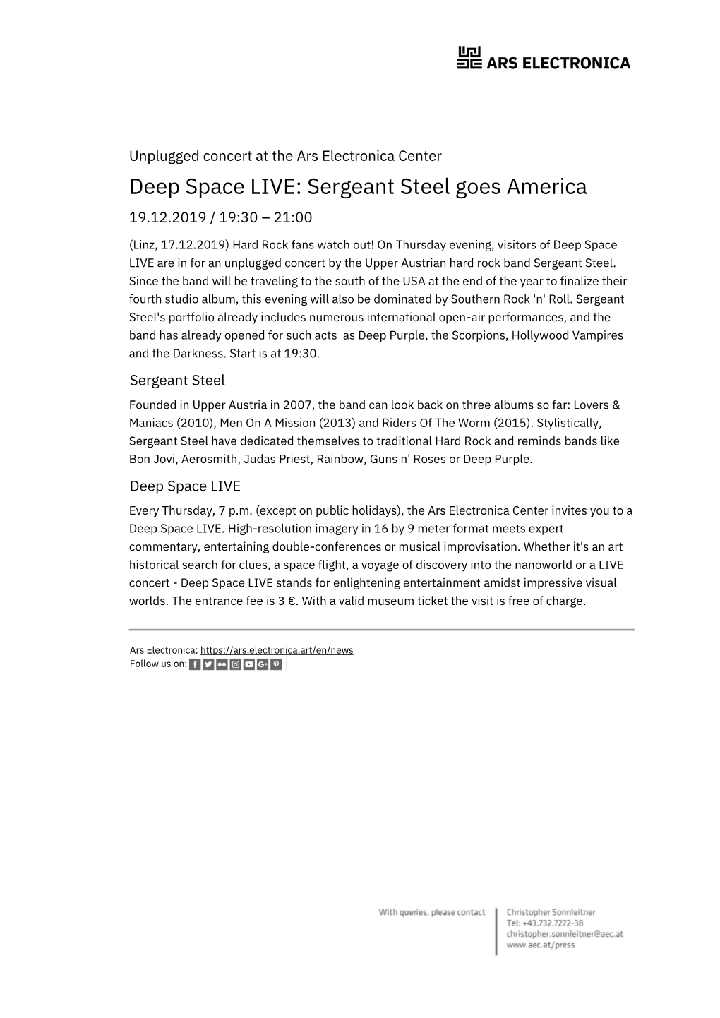 Deep Space LIVE: Sergeant Steel Goes America 19.12.2019 / 19:30 – 21:00