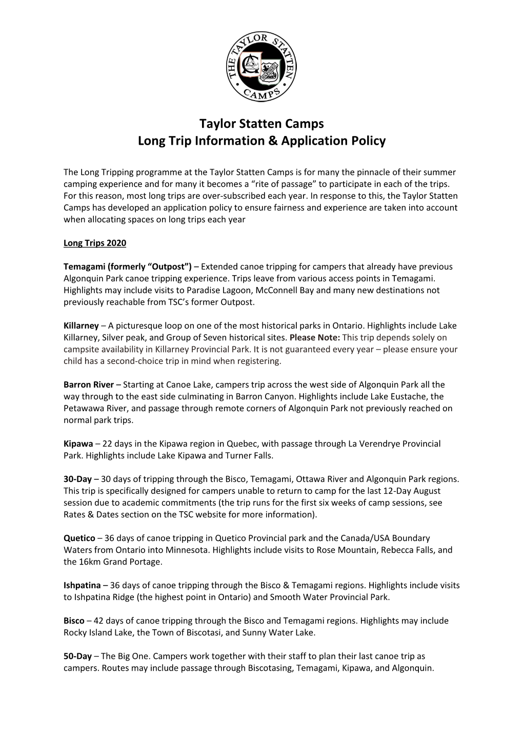 Taylor Statten Camps Long Trip Information & Application Policy