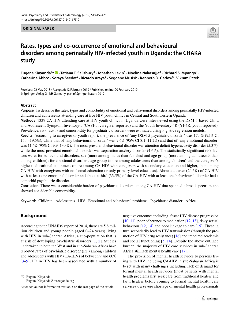 Rates, Types and Co-Occurrence of Emotional and Behavioural Disorders Among Perinatally HIV-Infected Youth in Uganda: the CHAKA Study