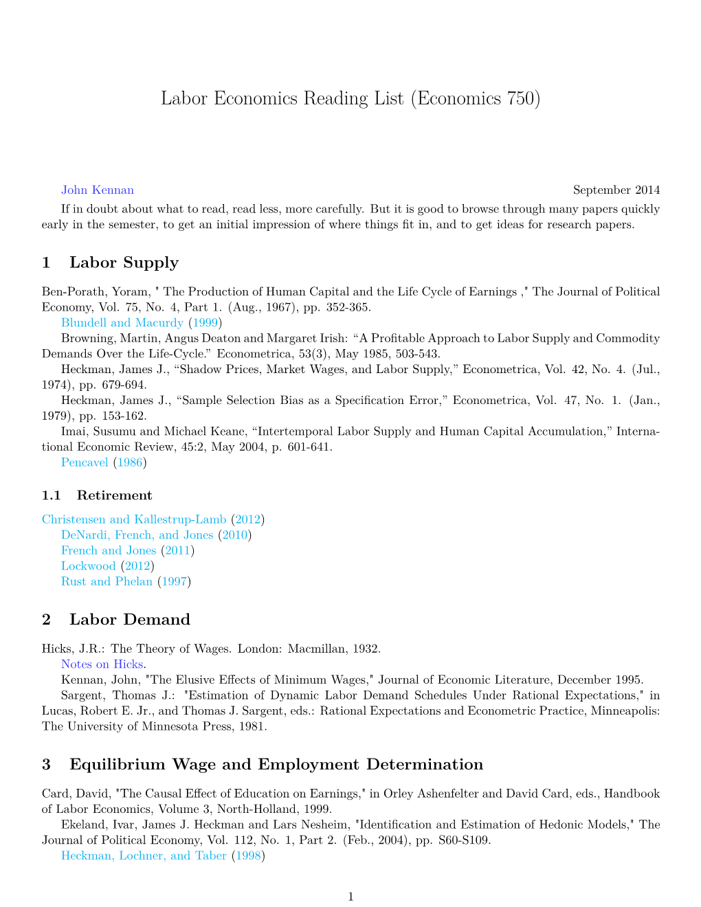 Labor Economics Reading List (Economics 750)