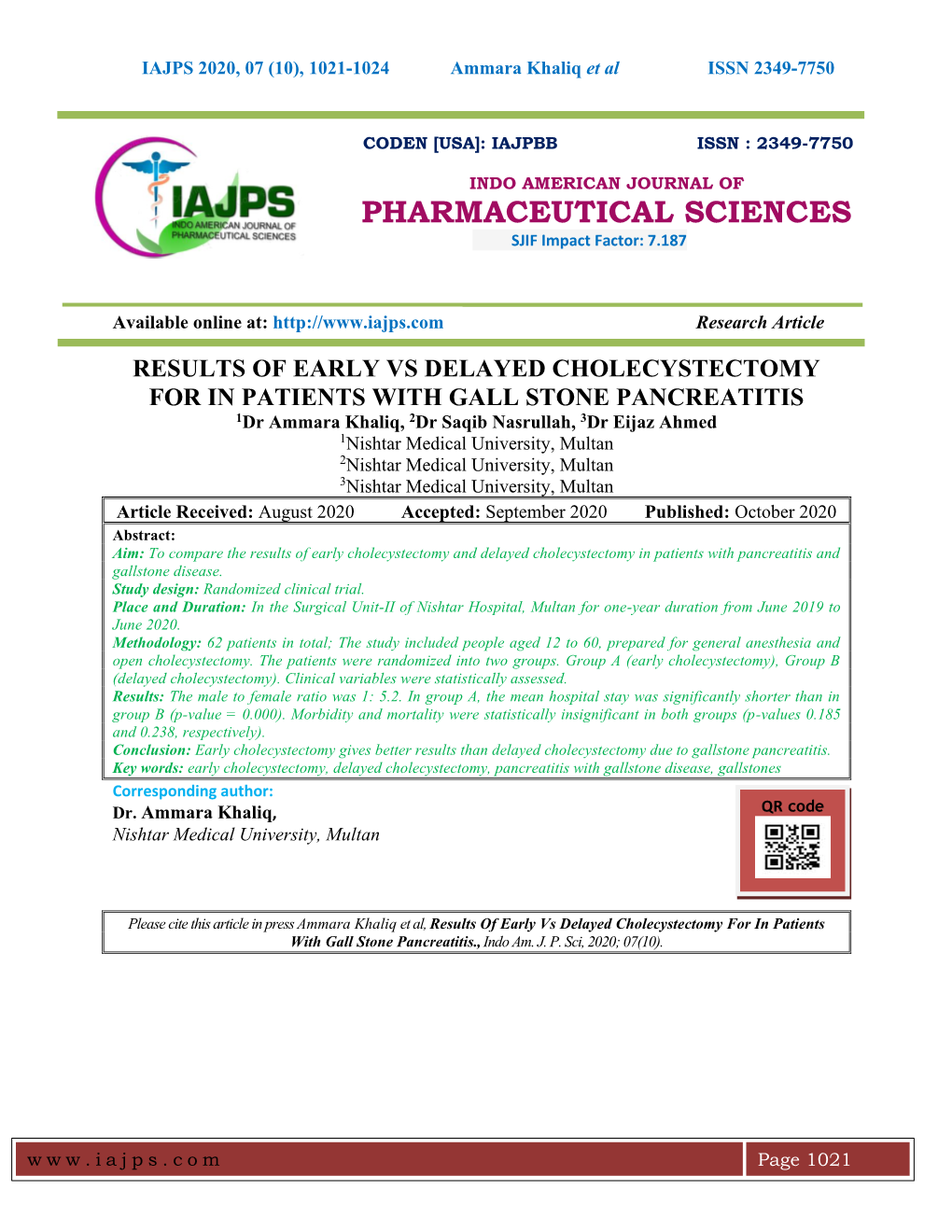 PHARMACEUTICAL SCIENCES SJIF Impact Factor: 7.187