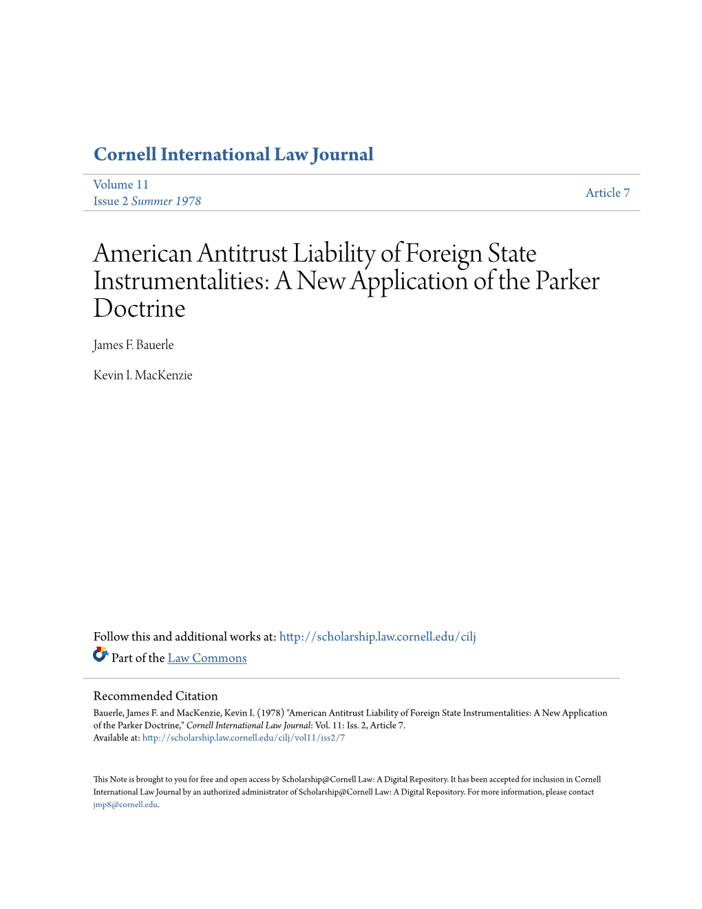 American Antitrust Liability of Foreign State Instrumentalities: a New Application of the Parker Doctrine James F