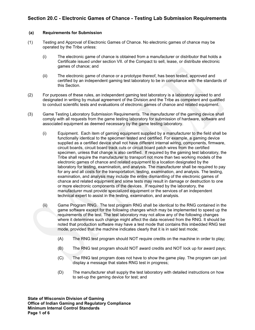 Section 20.C - Electronic Games of Chance - Testing Lab Submission Requirements