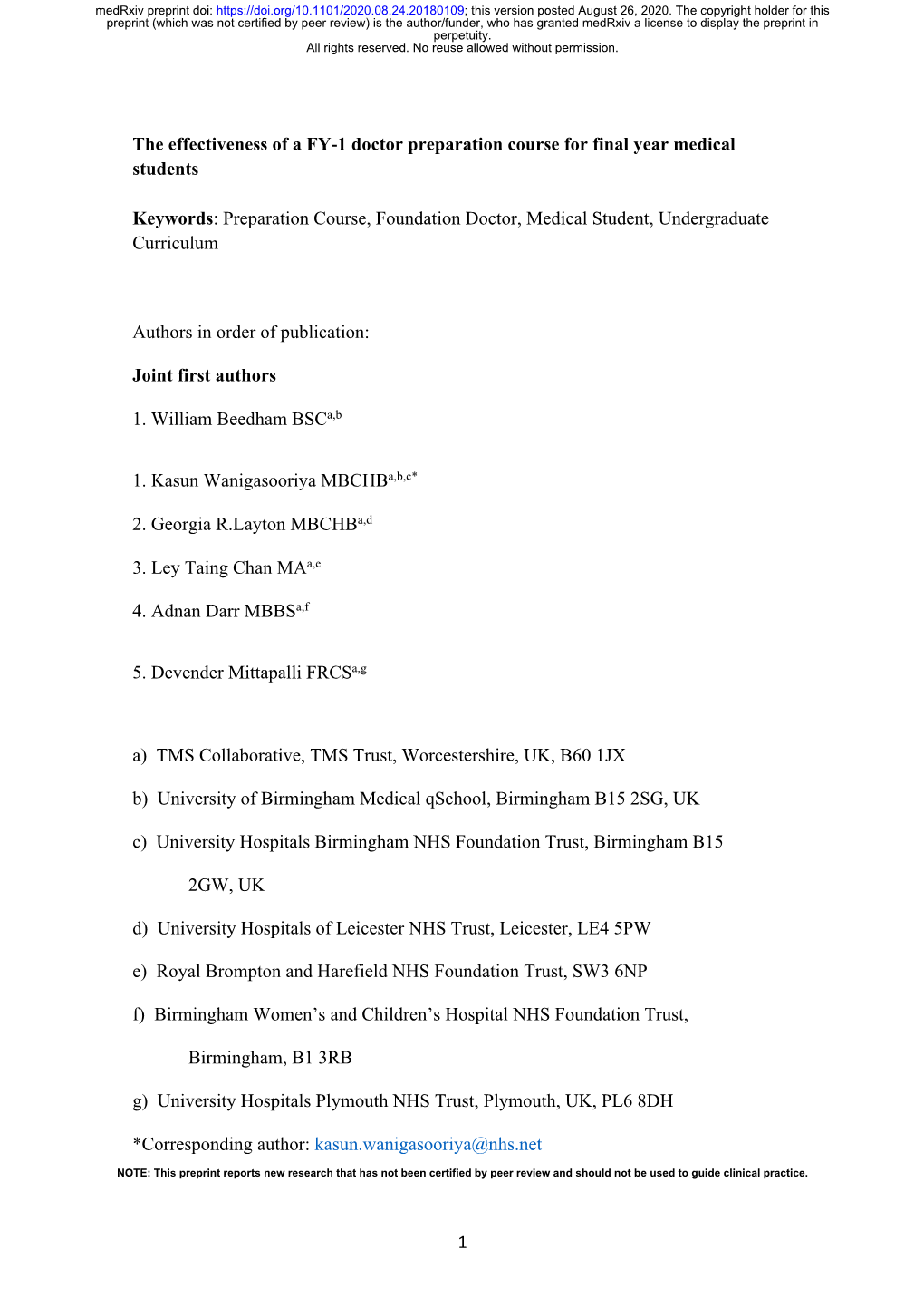 The Effectiveness of a FY-1 Doctor Preparation Course for Final Year Medical Students