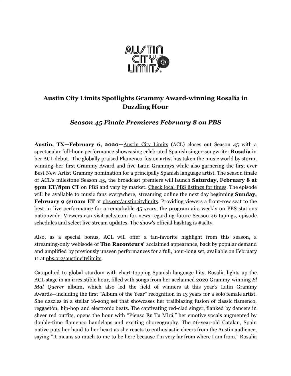 Austin City Limits Spotlights Grammy Award-Winning ​Rosalía ​In Dazzling Hour Season 45 Finale Premieres February 8 On