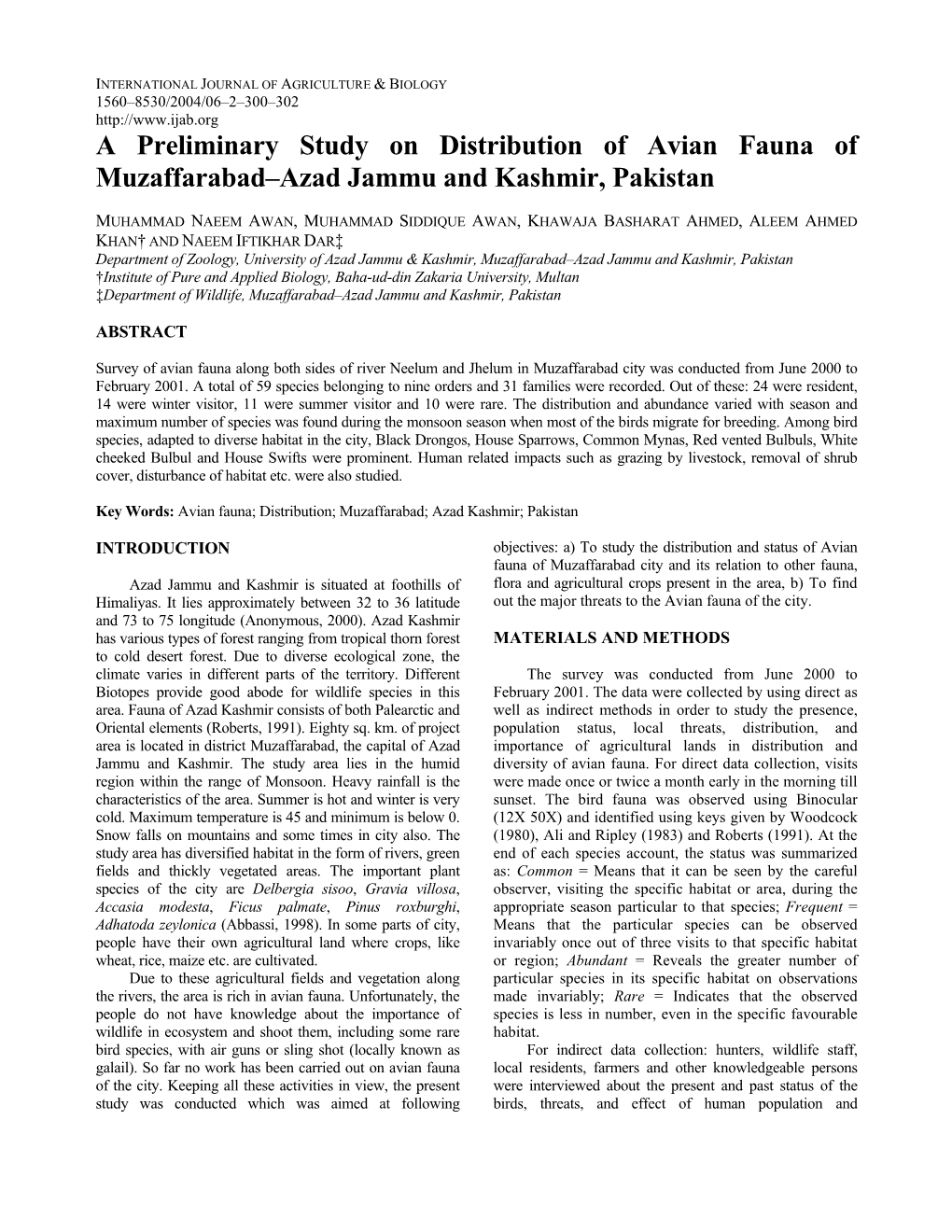 A Preliminary Study on Distribution of Avian Fauna of Muzaffarabad–Azad Jammu and Kashmir, Pakistan