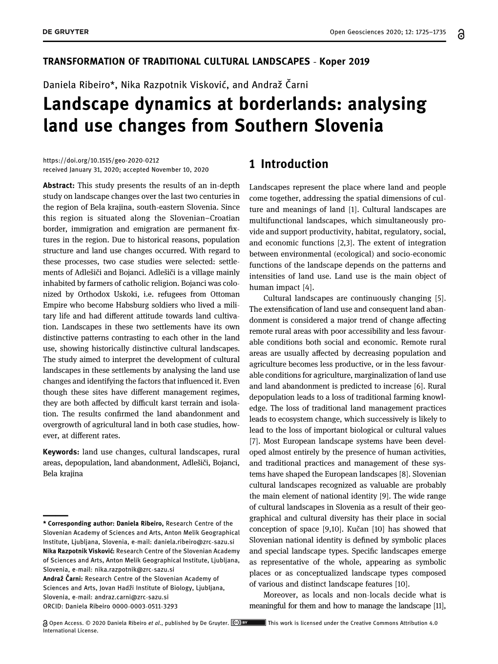 Landscape Dynamics at Borderlands: Analysing Land Use Changes from Southern Slovenia