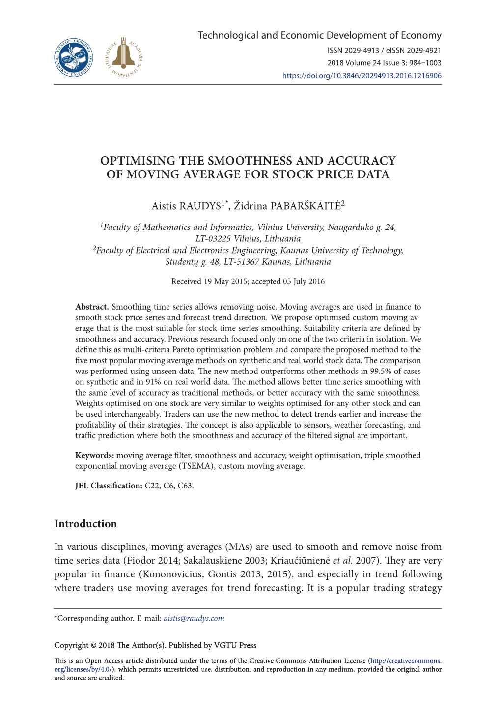 Optimising the Smoothness and Accuracy of Moving Average for Stock Price Data