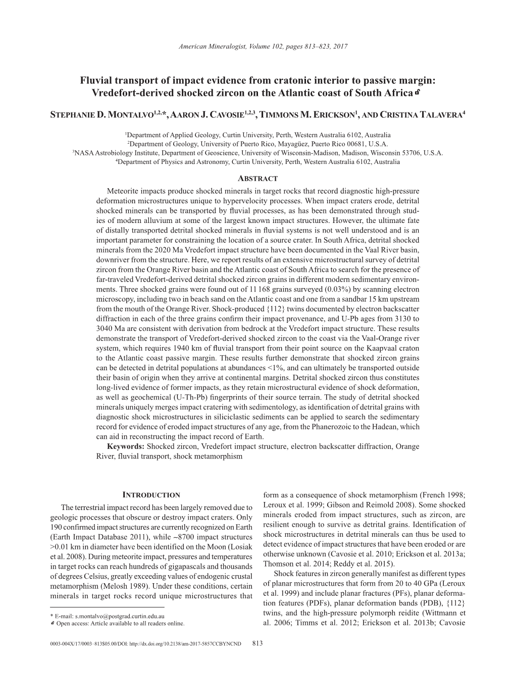 Fluvial Transport of Impact Evidence from Cratonic Interior to Passive Margin: Vredefort-Derived Shocked Zircon on the Atlantic Coast of South Africak