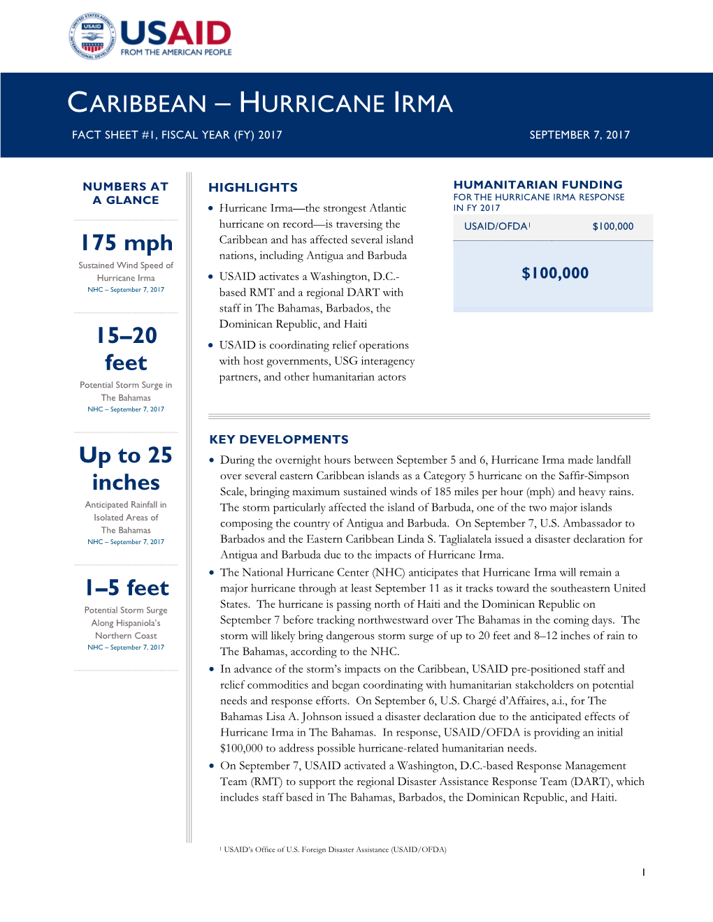 Hurricane Irma Fact Sheet #1, Fiscal Year (Fy) 2017 September 7, 2017