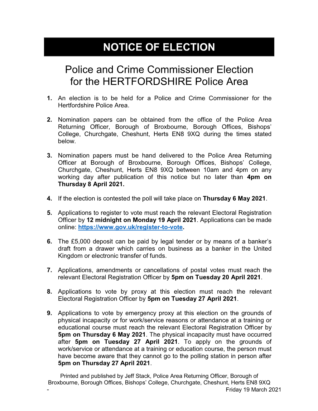 Notice of Election Police and Crime