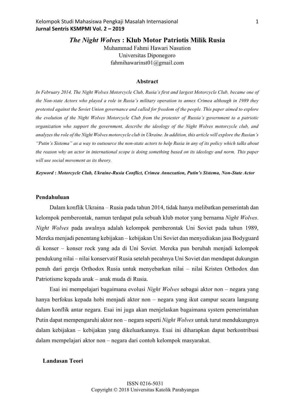 The Night Wolves : Klub Motor Patriotis Milik Rusia Muhammad Fahmi Hawari Nasution Universitas Diponegoro Fahmihawarinst01@Gmail.Com