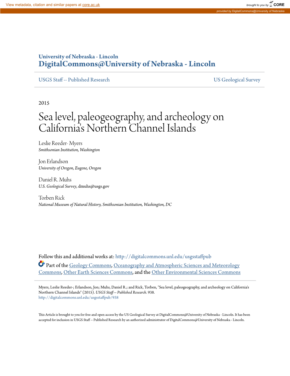 Sea Level, Paleogeography, and Archeology on California's Northern Channel Islands Leslie Reeder- Myers Smithsonian Institution, Washington