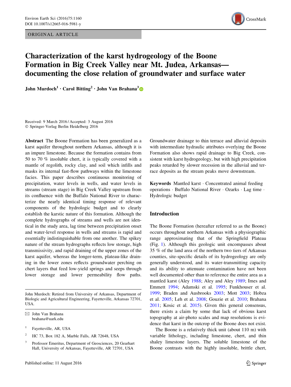 Characterization of the Karst Hydrogeology of the Boone Formation in Big Creek Valley Near Mt. Judea, Arkansas—Documenting