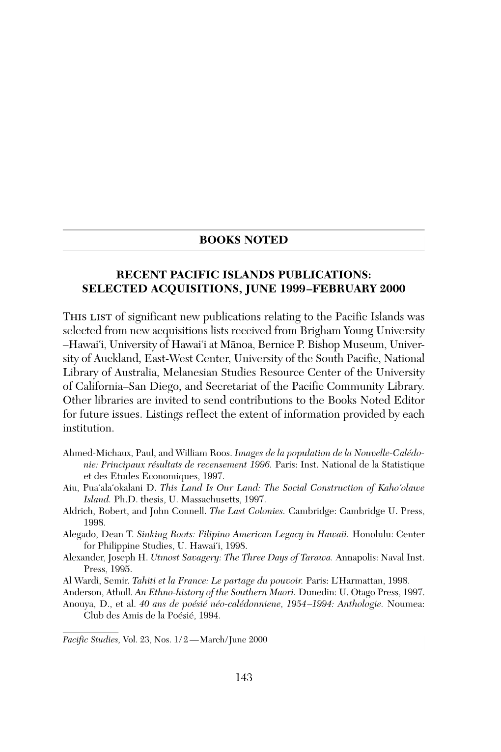 Recent Pacific Islands Publications: Selected Acquistions, June 1999