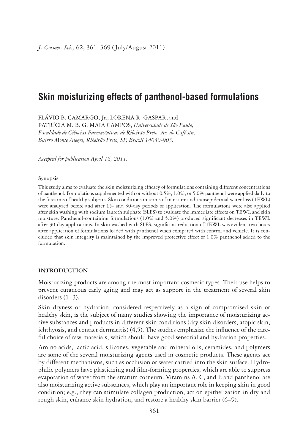 Skin Moisturizing Effects of Panthenol-Based Formulations
