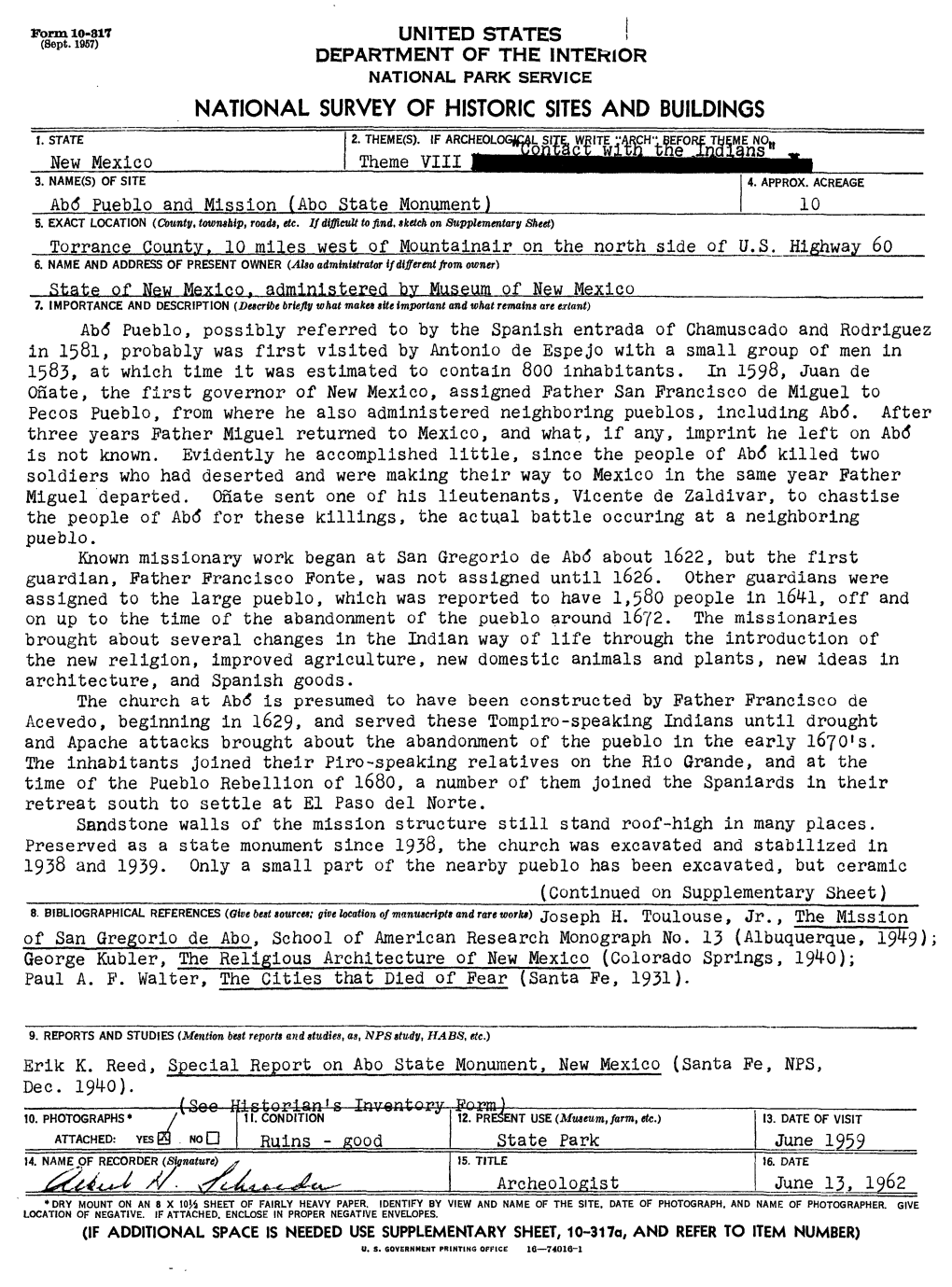 NATIONAL SURVEY of HISTORIC SITES and BUILDINGS Ab&lt;5 Pueblo and Mission (Abo State Monument) Torrance County. 10 Miles West O