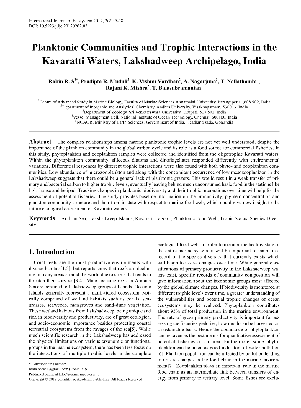 Lakshadweep Islands, Kavaratti Lagoon, Planktonic Food Web, Tropic Status, Species Diversity