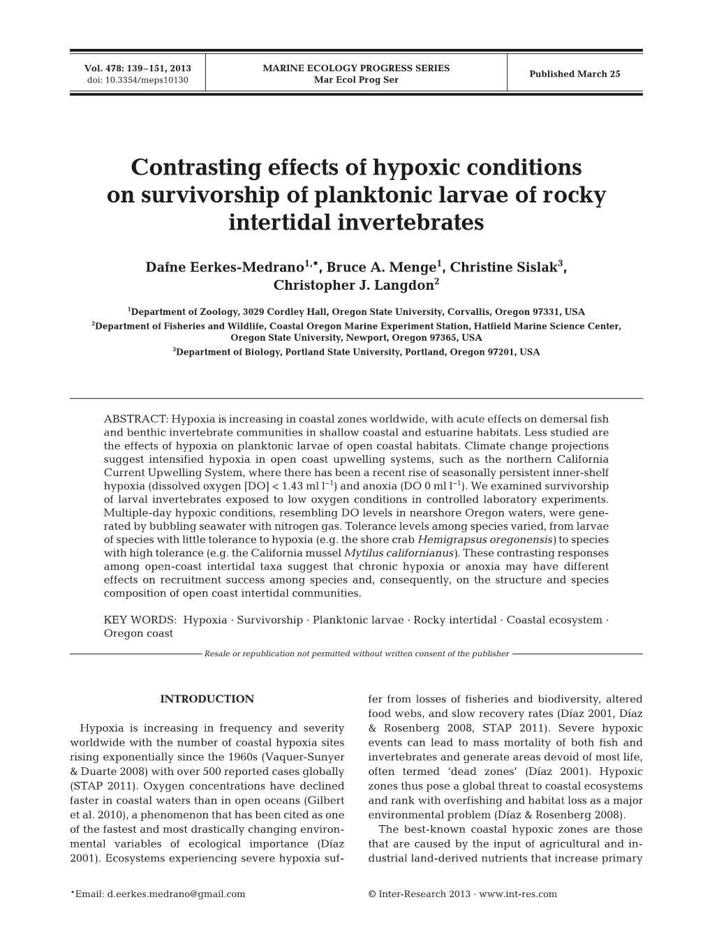 Contrasting Effects of Hypoxic Conditions on Survivorship of Planktonic Larvae of Rocky Intertidal Invertebrates