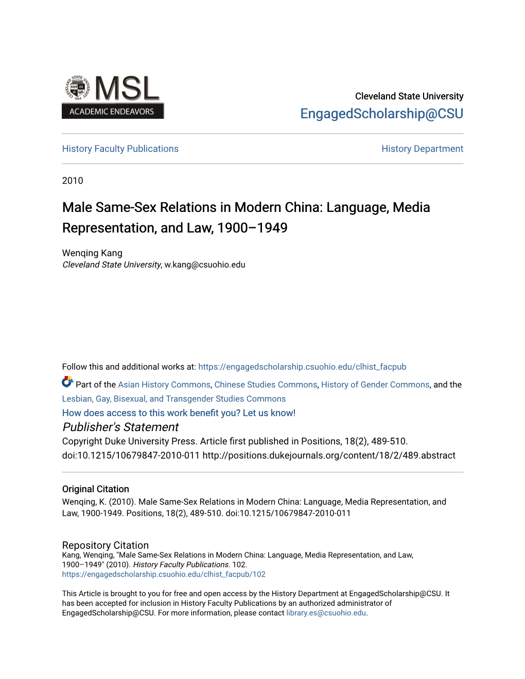 Male Same-Sex Relations in Modern China: Language, Media Representation, and Law, 1900–1949