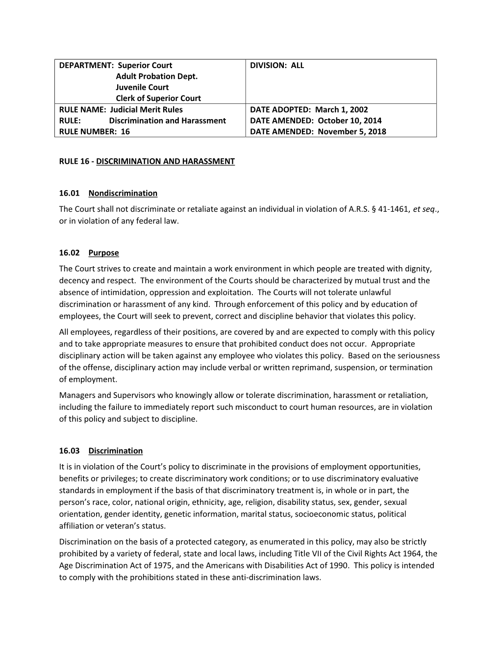 Judicial Merit Rules DATE ADOPTED: March 1, 2002 RULE: Discrimination and Harassment DATE AMENDED: October 10, 2014 RULE NUMBER: 16 DATE AMENDED: November 5, 2018