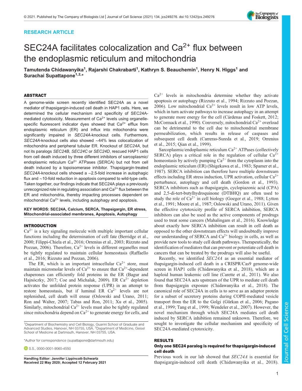 SEC24A Facilitates Colocalization and Ca2+ Flux Between the Endoplasmic Reticulum and Mitochondria Tamutenda Chidawanyika1, Rajarshi Chakrabarti1, Kathryn S