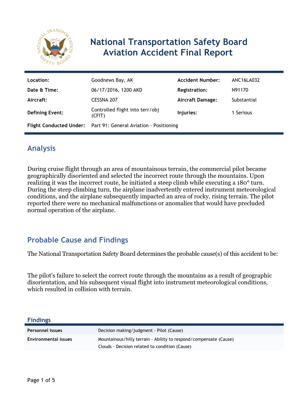 National Transportation Safety Board Aviation Accident Final Report