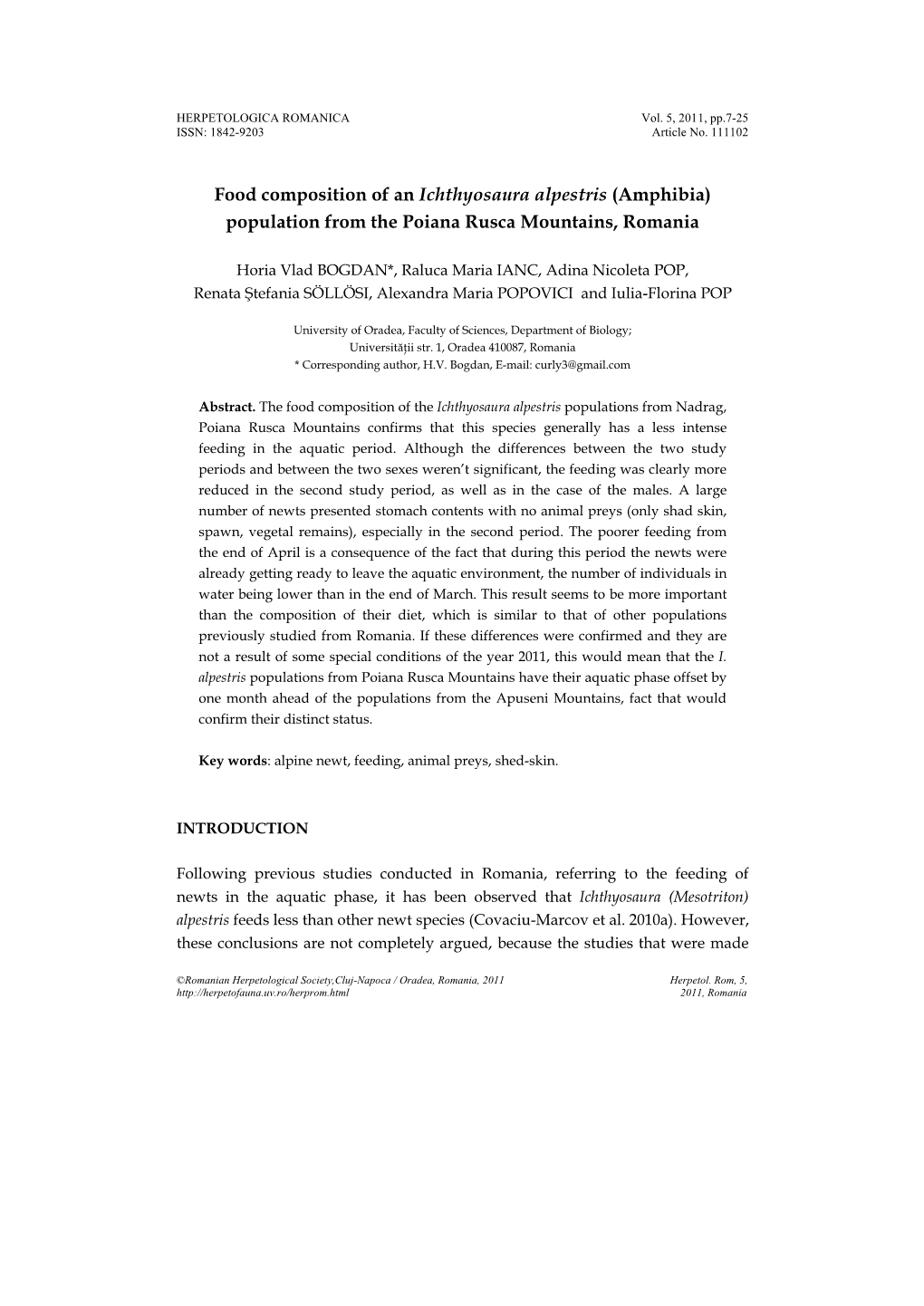 Food Composition of an Ichthyosaura Alpestris (Amphibia) Population from the Poiana Rusca Mountains, Romania