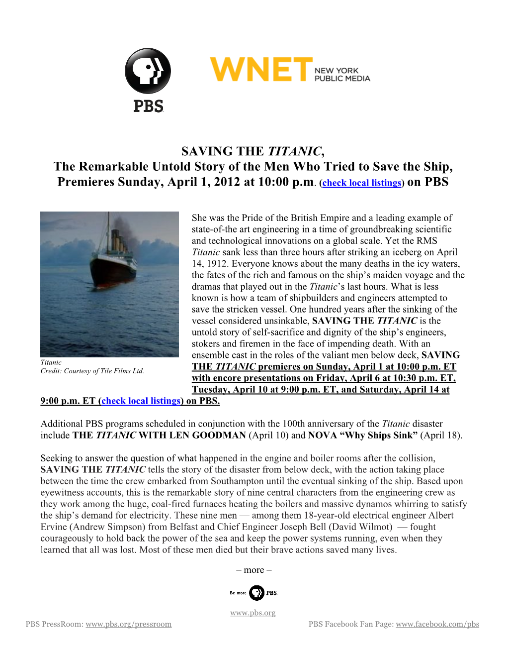 SAVING the TITANIC, the Remarkable Untold Story of the Men Who Tried to Save the Ship, Premieres Sunday, April 1, 2012 at 10:00 P.M