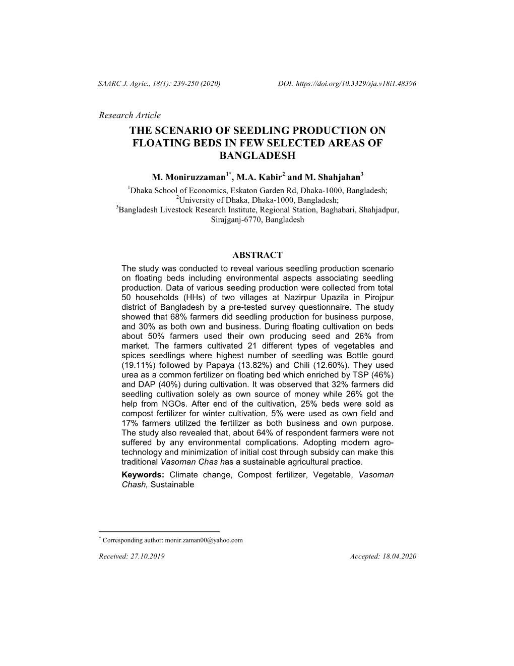 The Scenario of Seedling Production on Floating Beds in Few Selected Areas of Bangladesh