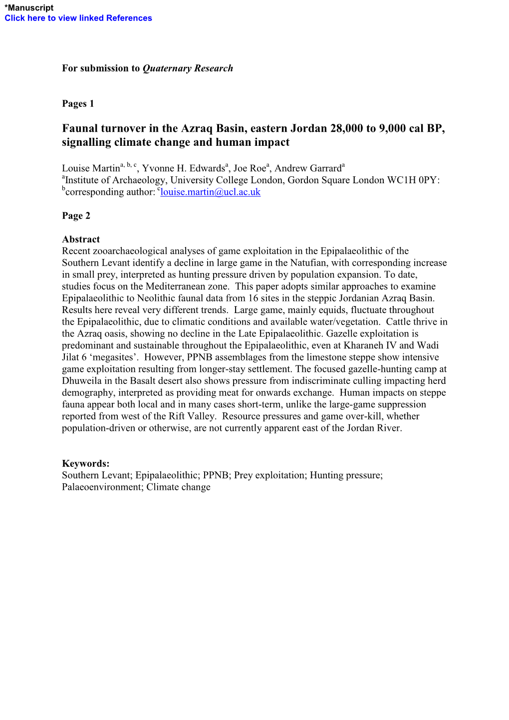 Faunal Turnover in the Azraq Basin, Eastern Jordan 28,000 to 9,000 Cal BP, Signalling Climate Change and Human Impact